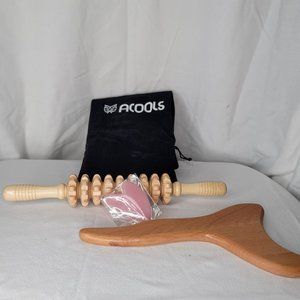 Acools 3 Pcs Wooden Straight Lymphatic Drainage Roller Back Massager Set Gua Sha